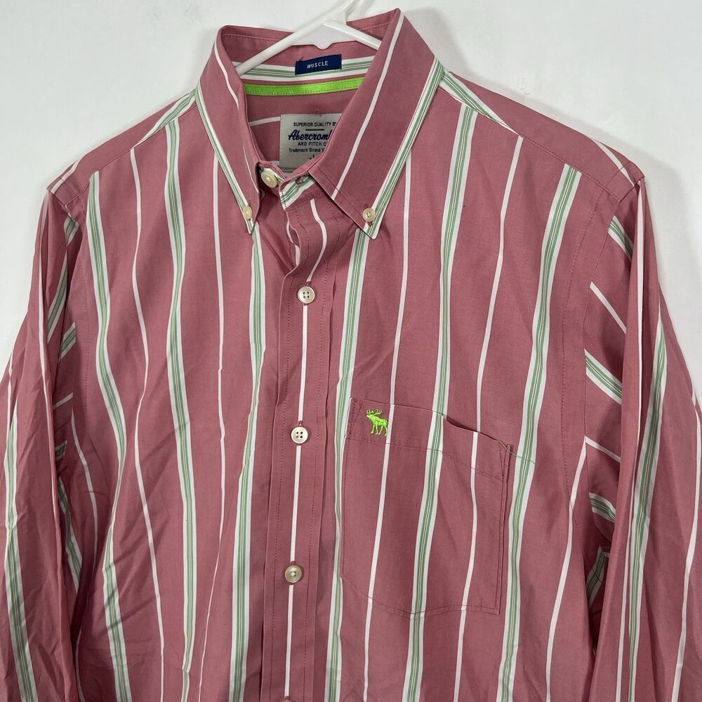 Abercrombie & Fitch Muscle Fit Button Down Shirt Mens Large Pink Green Striped